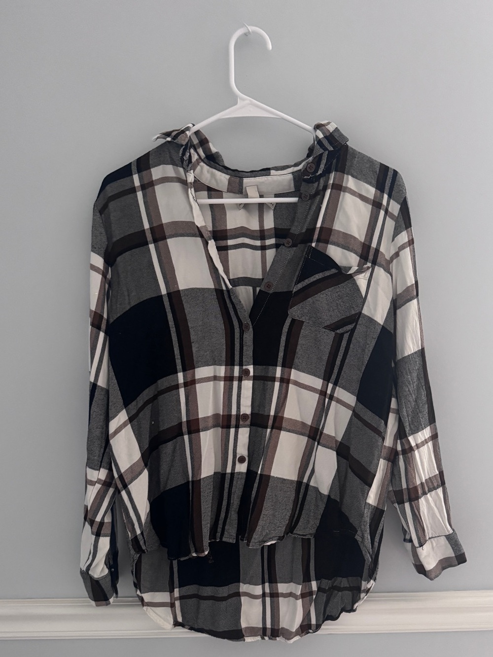 Plaid Button-Front Women’s Top in Black & White & Brown
